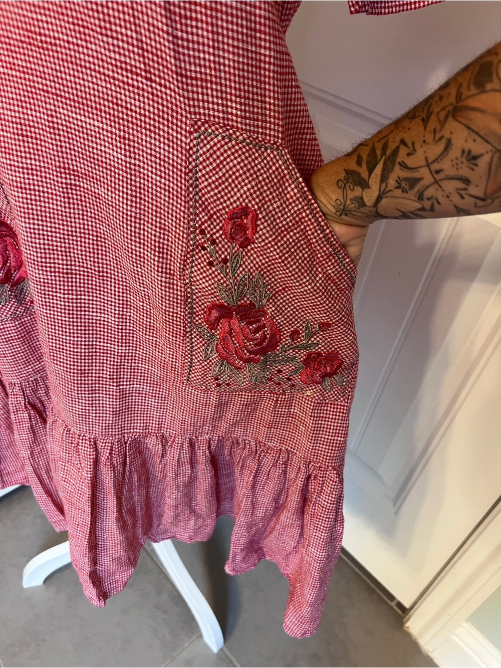 Bombay Paisley Women's Red Midi Gingham Dress with Rose Embroidery Pockets XS - Picture 4 of 16
